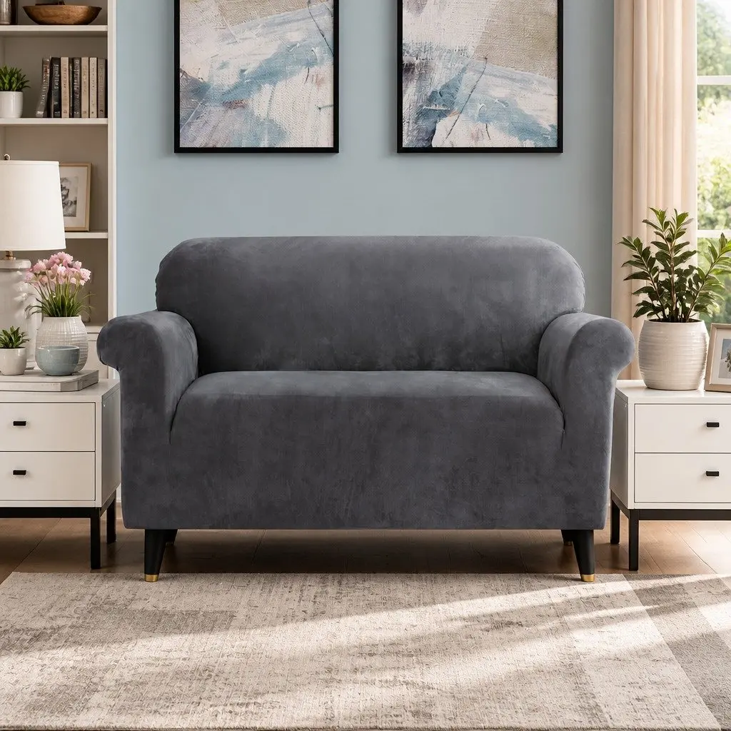 Sofa Cover Velvet Grey Stretchable 2 Seater Furniture Protection
