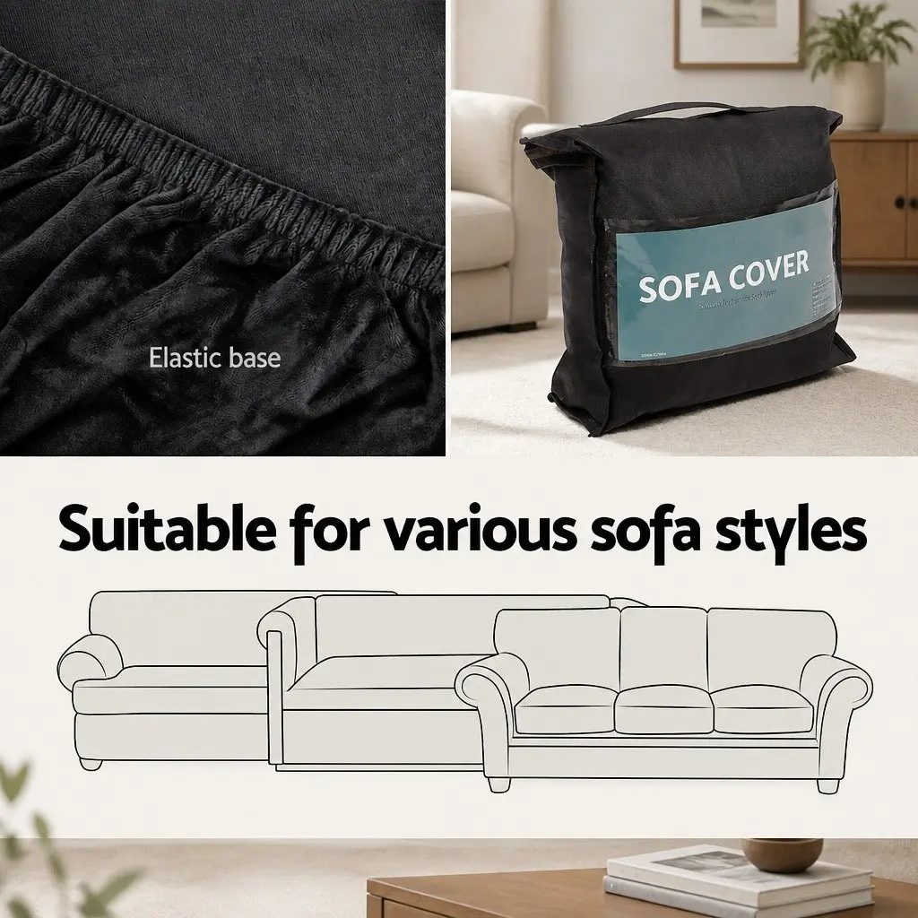 Sofa Cover Velvet Stretch Elastic 3 Seater Black