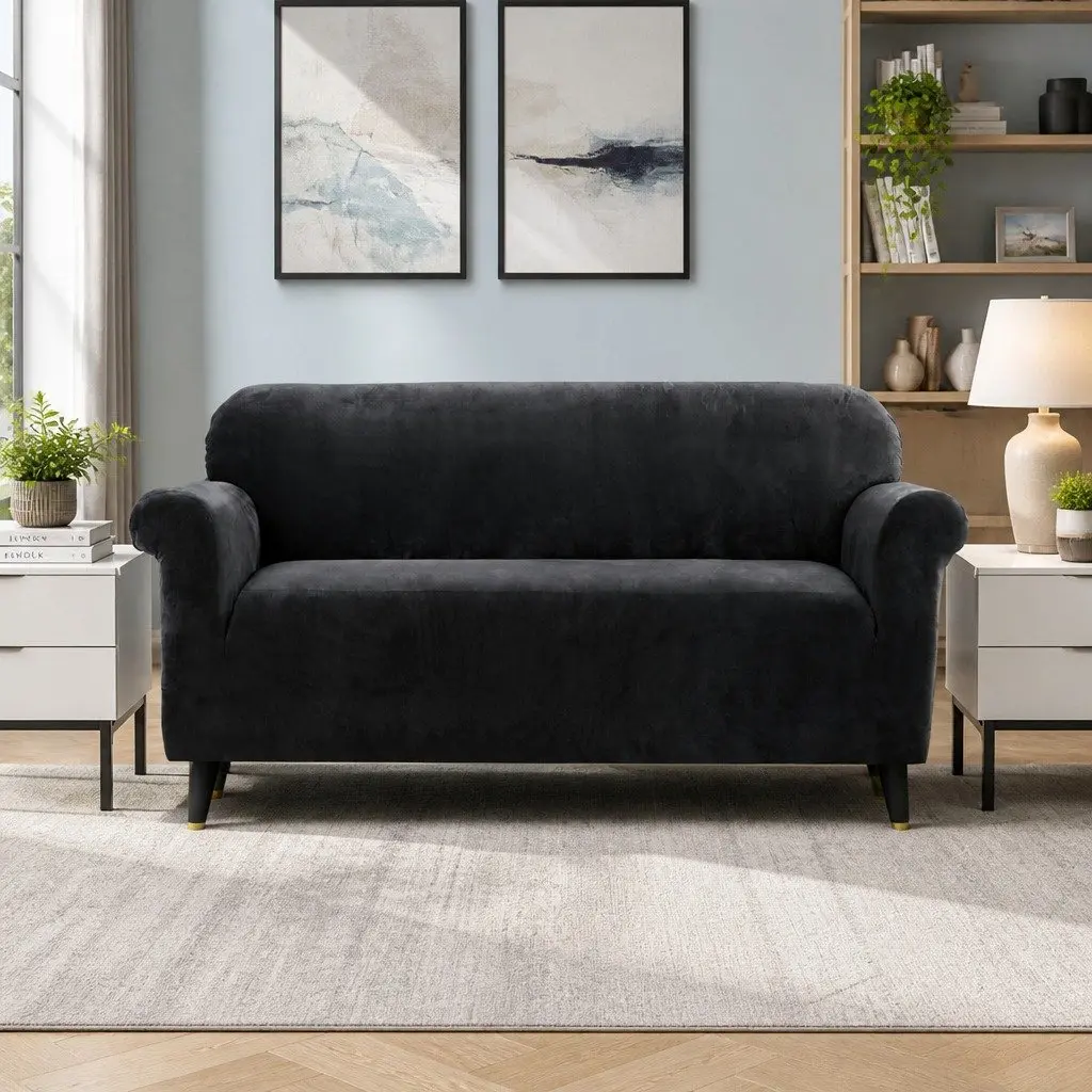 Sofa Cover Velvet Stretch Elastic 3 Seater Black