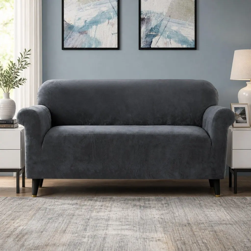 3 Seater Sofa Cover Velvet Couch Covers Stretch Furniture Protection Grey