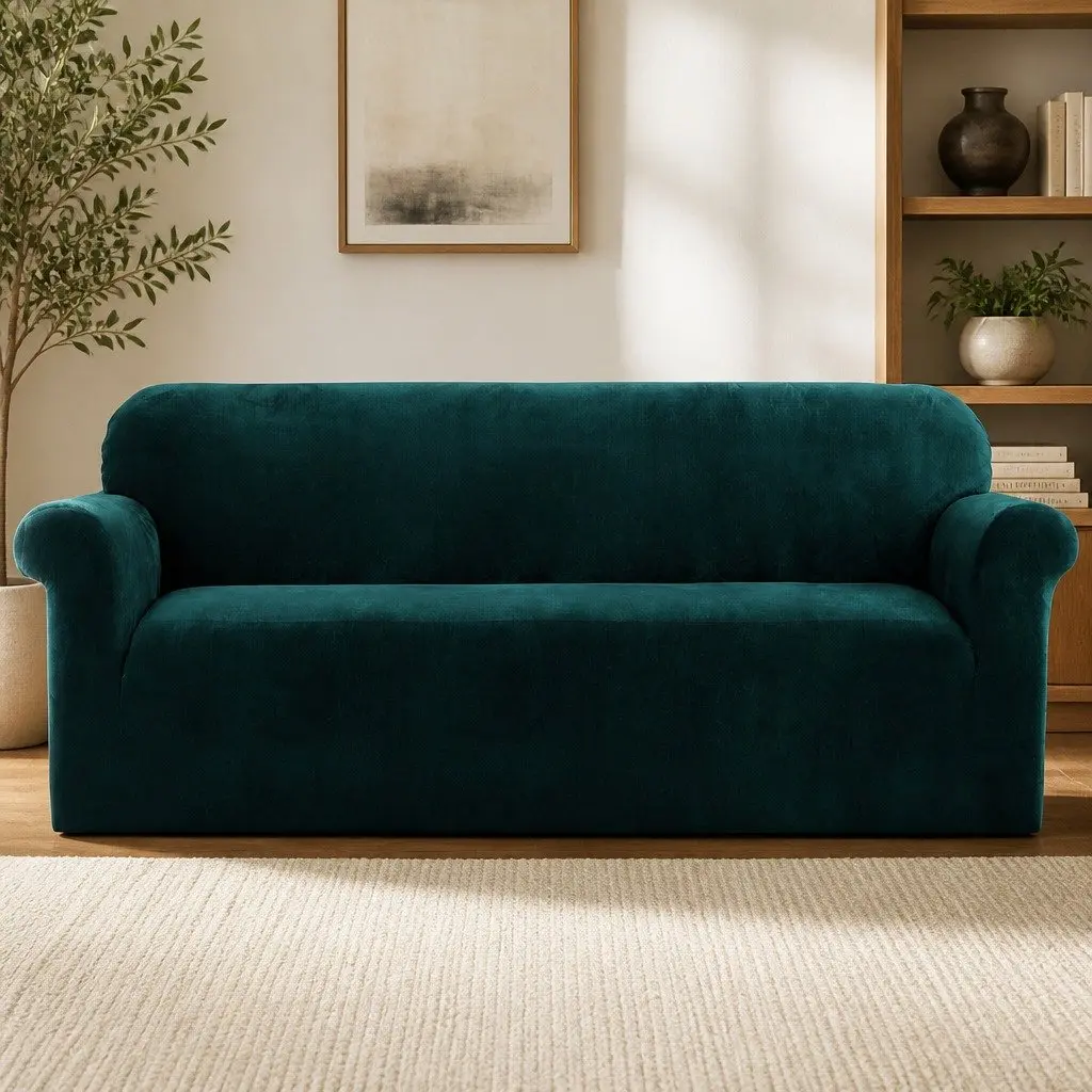 4 Seater Sofa Cover Velvet Stretch Couch Protector Agate Green Machine Washable