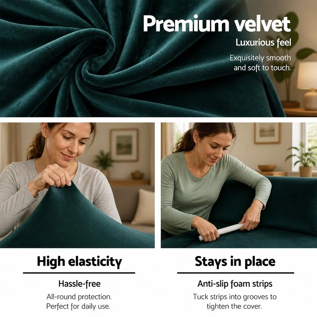 4 Seater Sofa Cover Velvet Stretch Couch Protector Agate Green Machine Washable