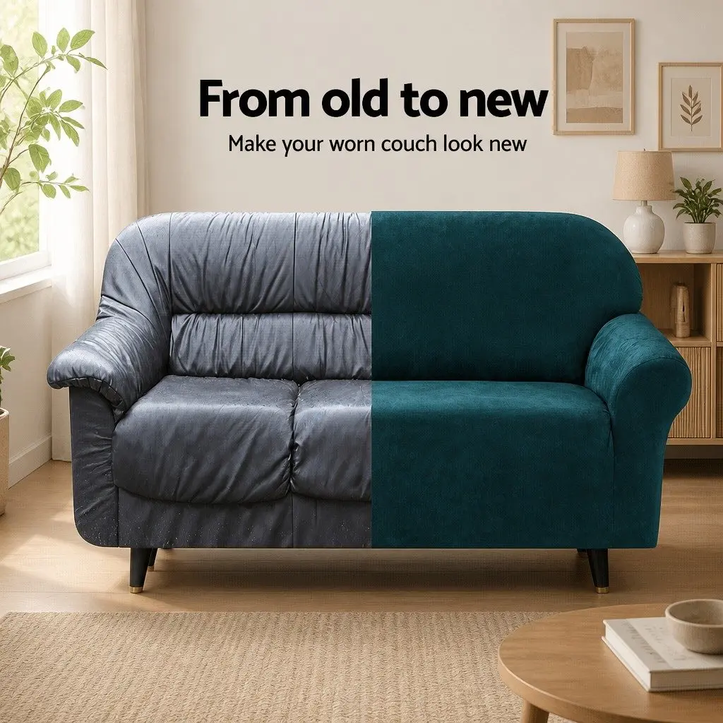 4 Seater Sofa Cover Velvet Stretch Couch Protector Agate Green Machine Washable