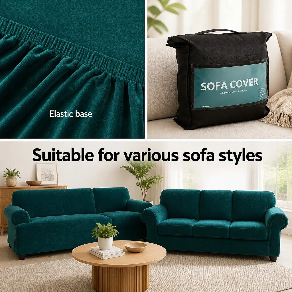 4 Seater Sofa Cover Velvet Stretch Couch Protector Agate Green Machine Washable