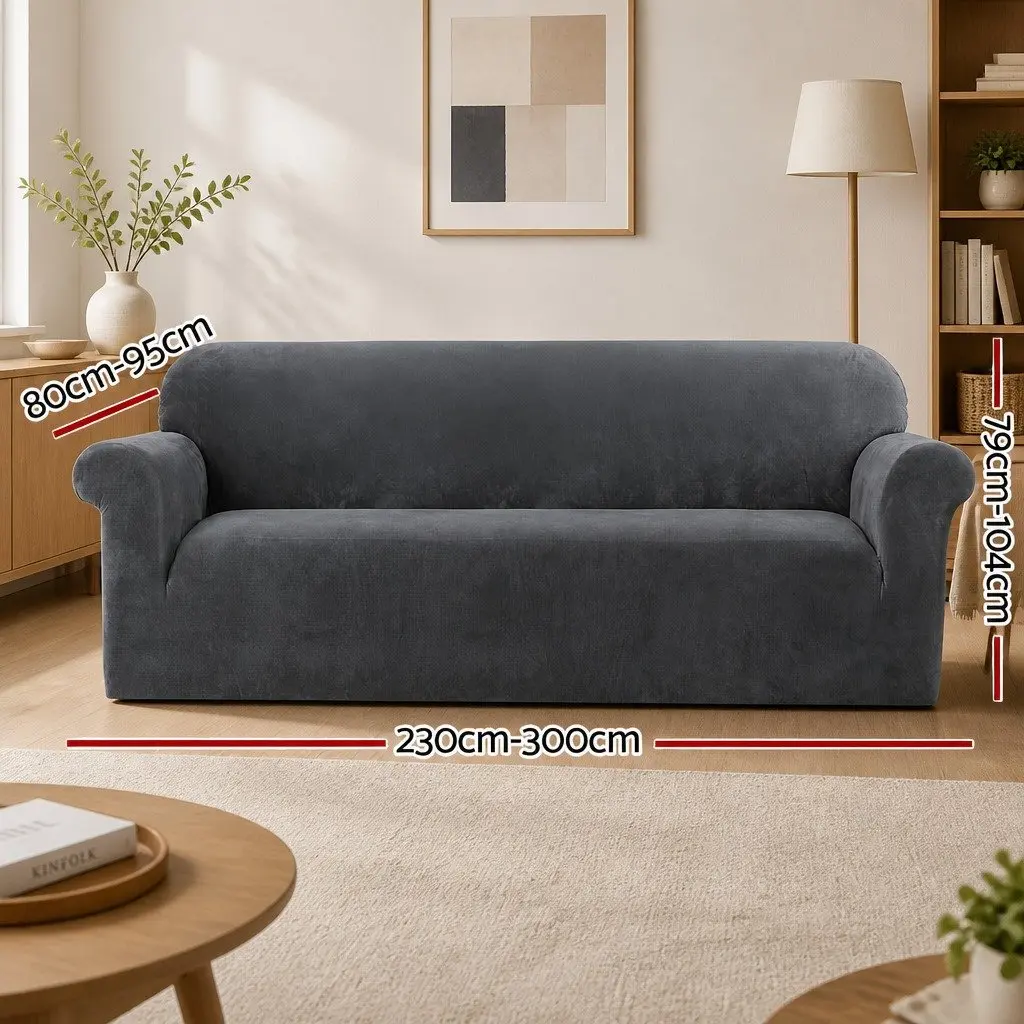 4 Seater Sofa Cover Velvet Couch Protector Grey Stretchable Anti-slip Elastic
