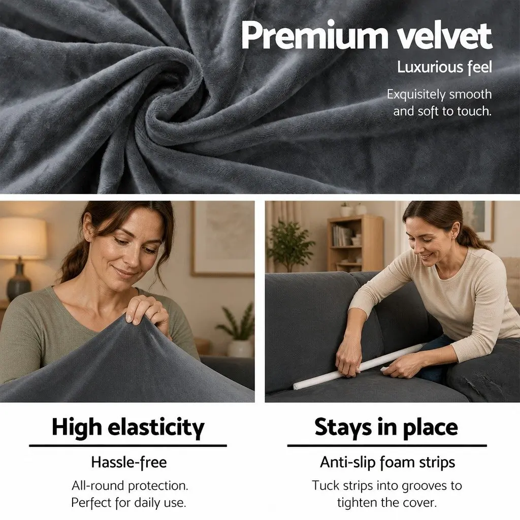 4 Seater Sofa Cover Velvet Couch Protector Grey Stretchable Anti-slip Elastic