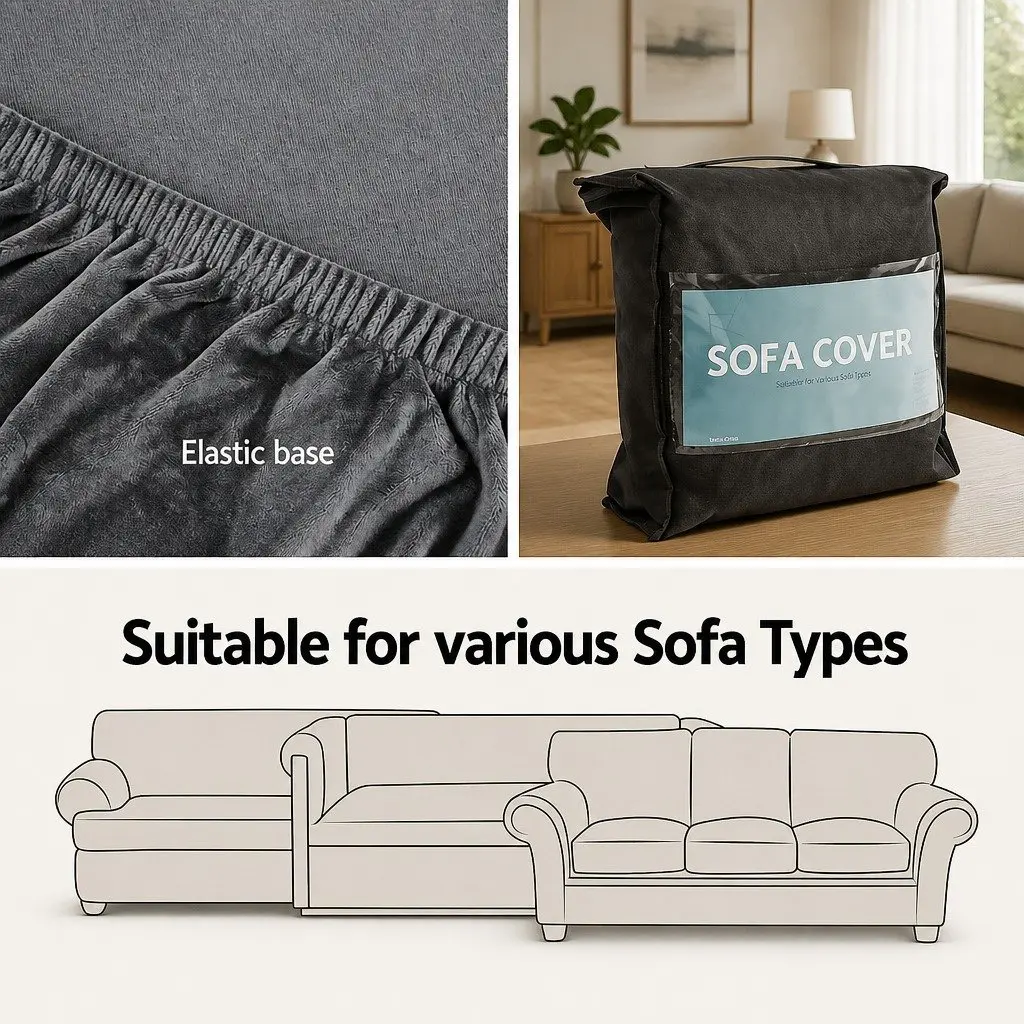 4 Seater Sofa Cover Velvet Couch Protector Grey Stretchable Anti-slip Elastic