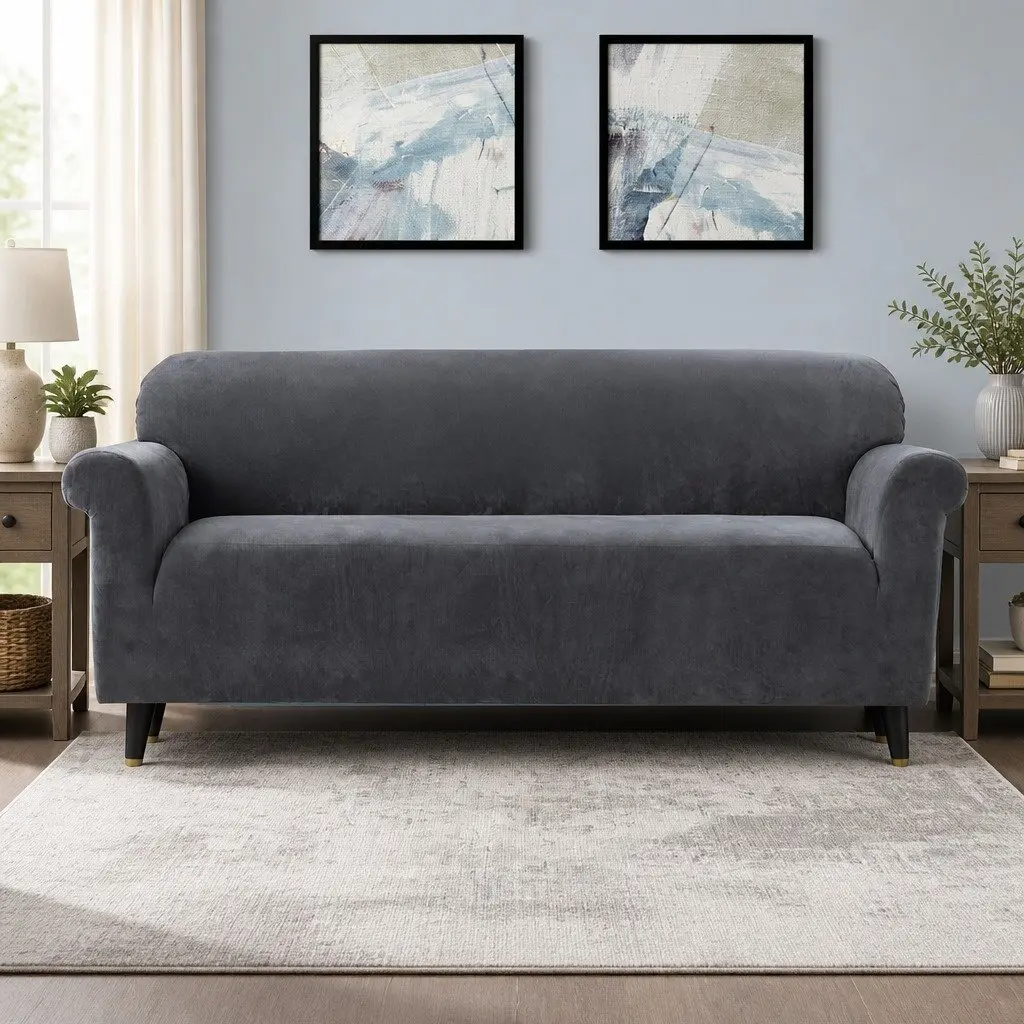 4 Seater Sofa Cover Velvet Couch Protector Grey Stretchable Anti-slip Elastic