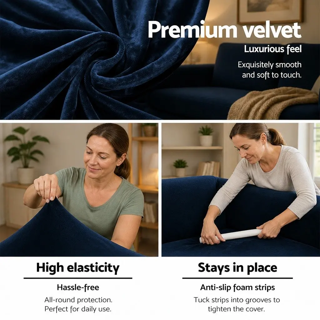 Sofa Cover Anti-Slip Velvet Protector Stretchable Navy Blue for 4 Seater Couch