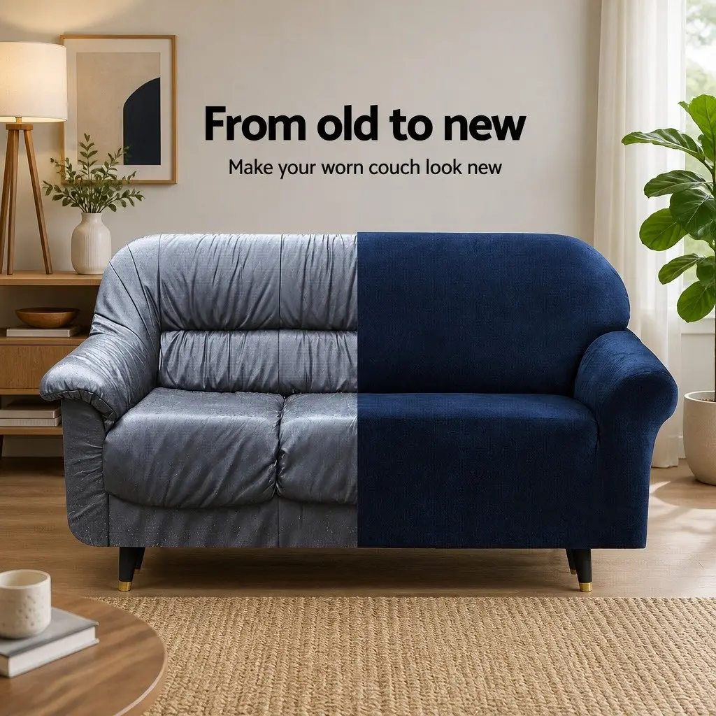 Sofa Cover Anti-Slip Velvet Protector Stretchable Navy Blue for 4 Seater Couch