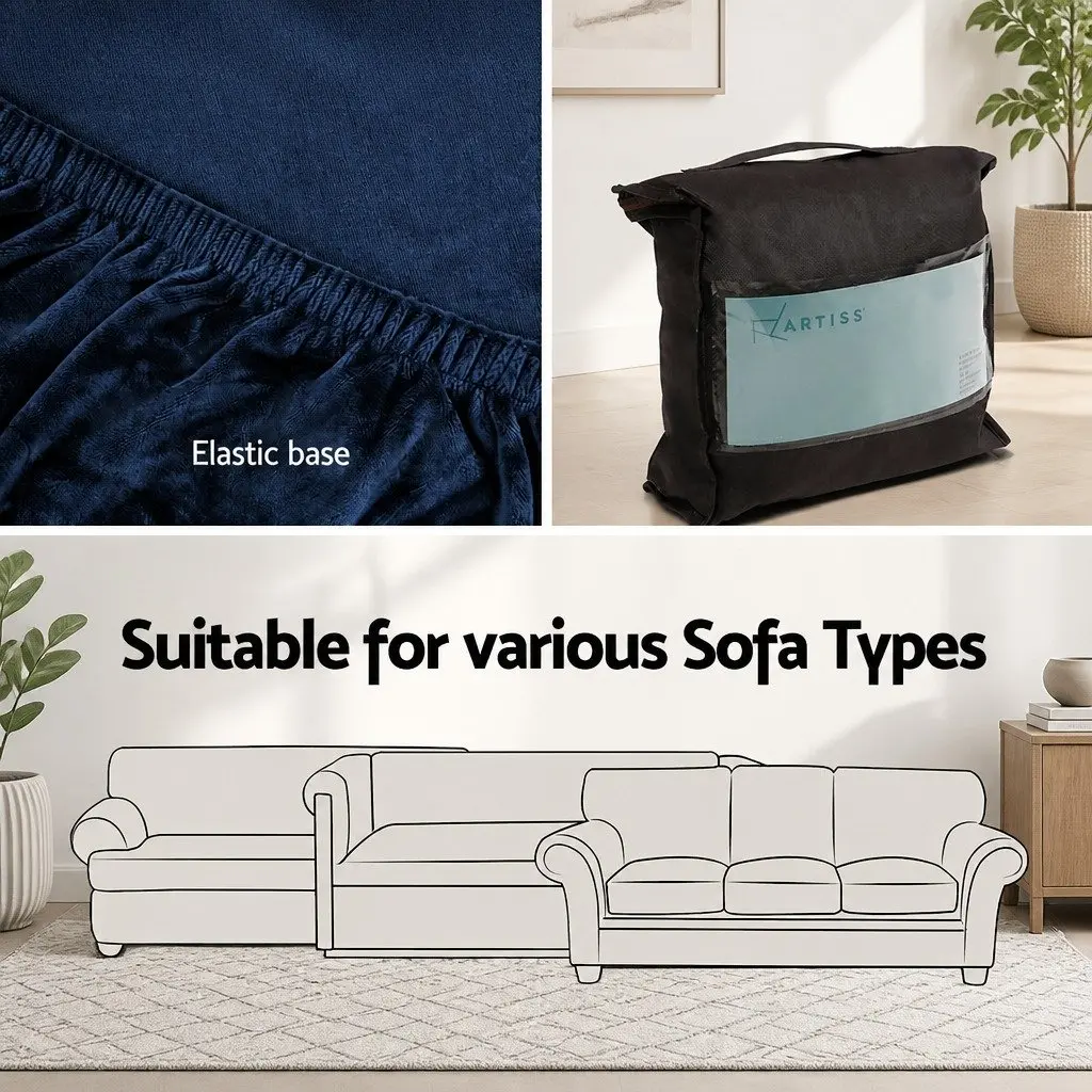 Sofa Cover Anti-Slip Velvet Protector Stretchable Navy Blue for 4 Seater Couch