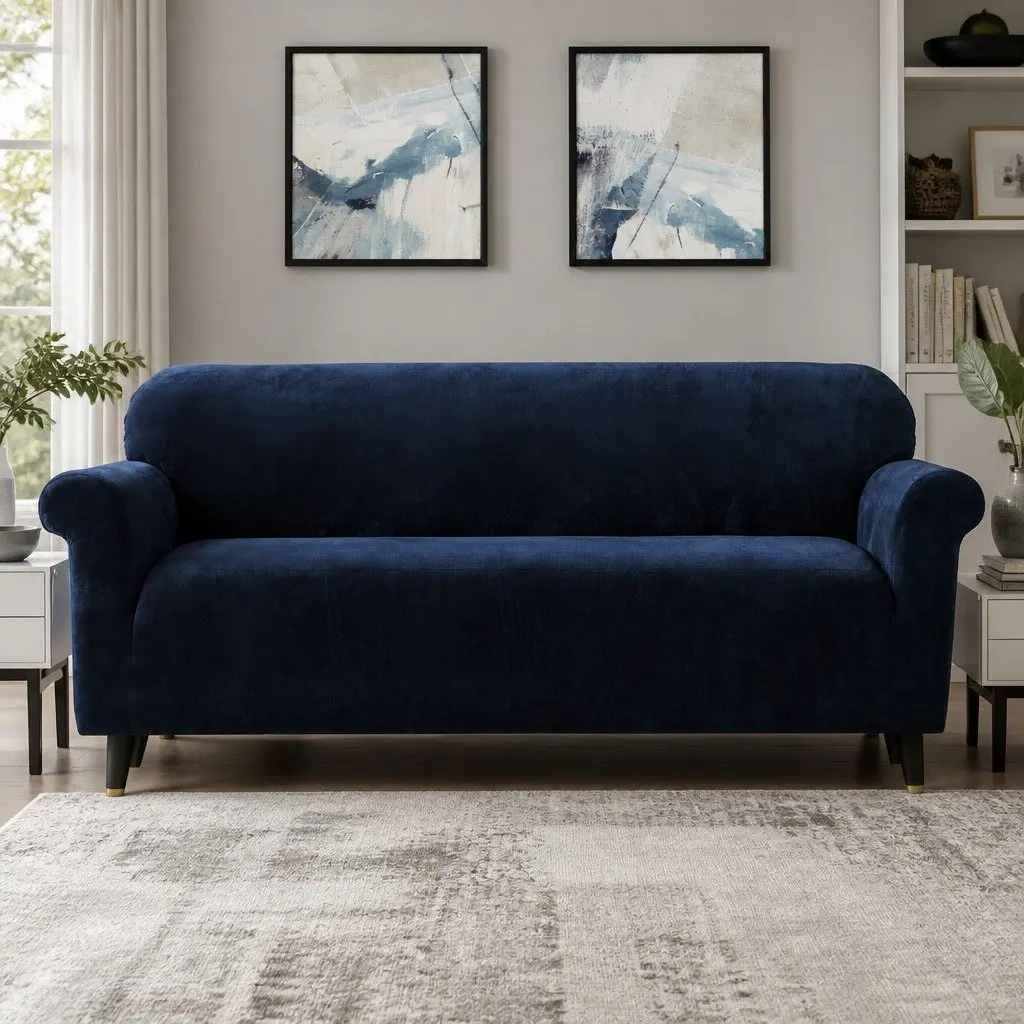 Sofa Cover Anti-Slip Velvet Protector Stretchable Navy Blue for 4 Seater Couch