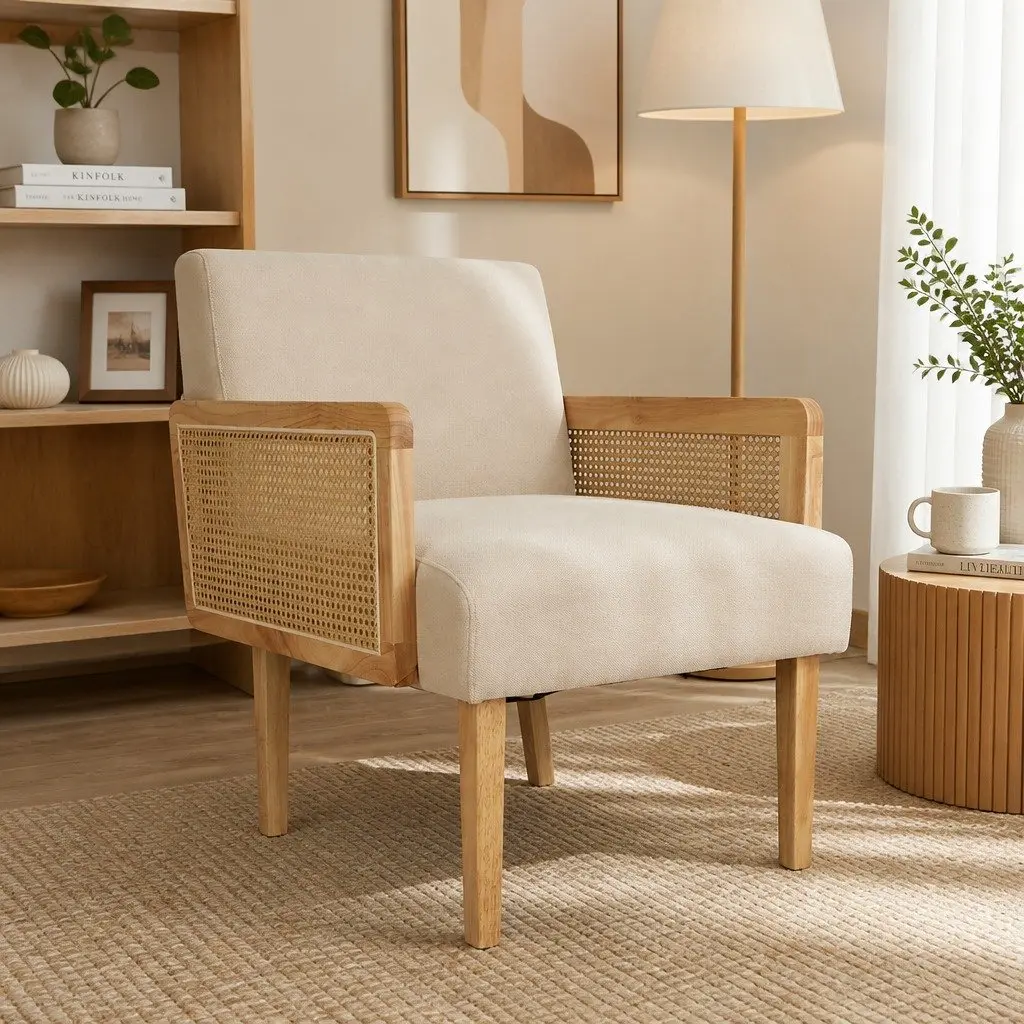 Rattan Armchair Cushioned Seat Backrest Natural Rubberwood 64cm W x 70cm D x 80cm H