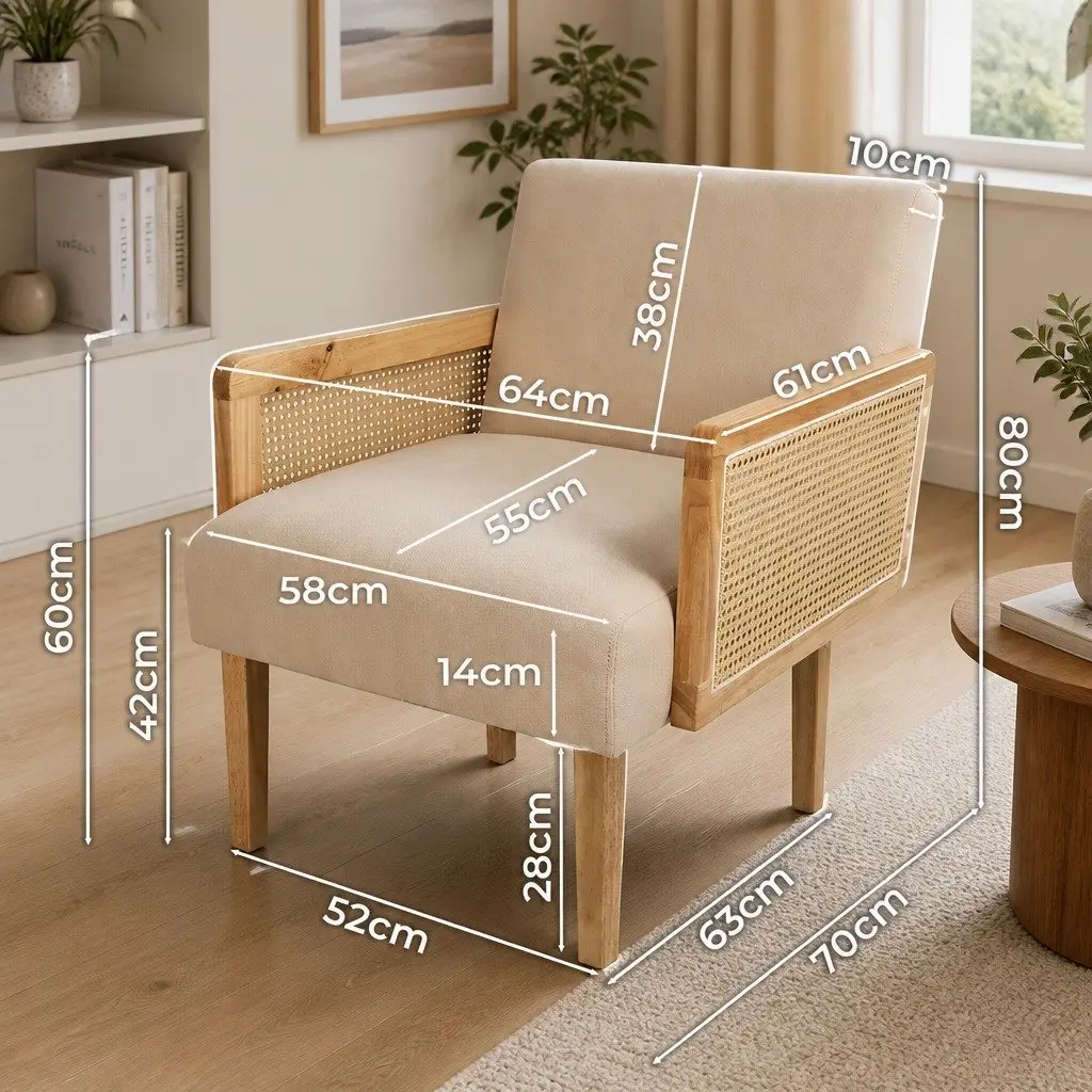 Rattan Armchair Cushioned Seat Backrest Natural Rubberwood 64cm W x 70cm D x 80cm H
