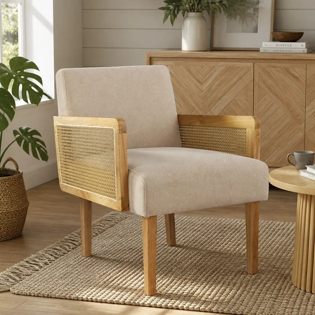 Rattan Armchair Cushioned Seat Backrest Natural Rubberwood 64cm W x 70cm D x 80cm H