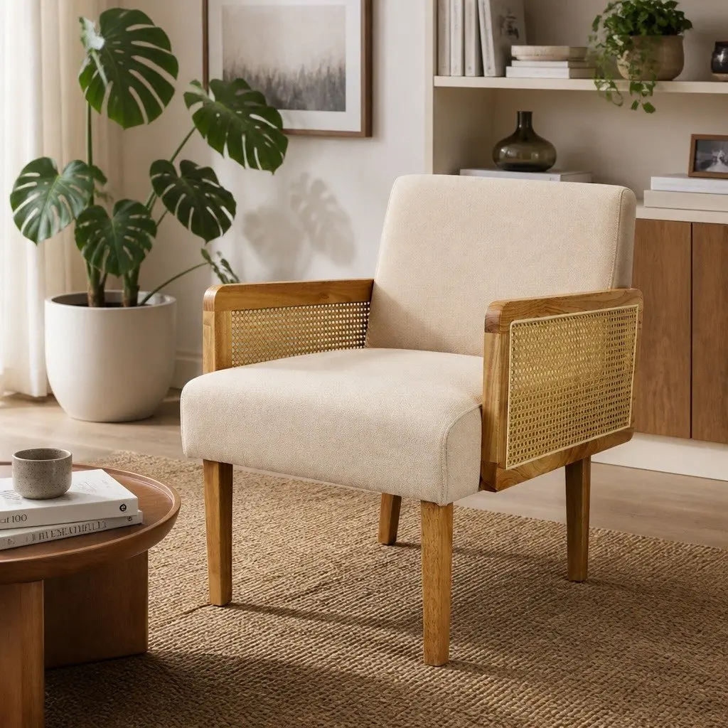 Rattan Armchair Cushioned Seat Backrest Natural Rubberwood 64cm W x 70cm D x 80cm H