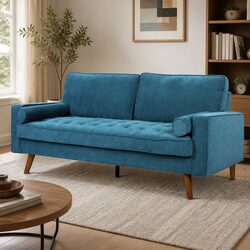 3 Seater Fabric Sofa Armchair Lounge Couch 191cm Wide Blue Linen Style