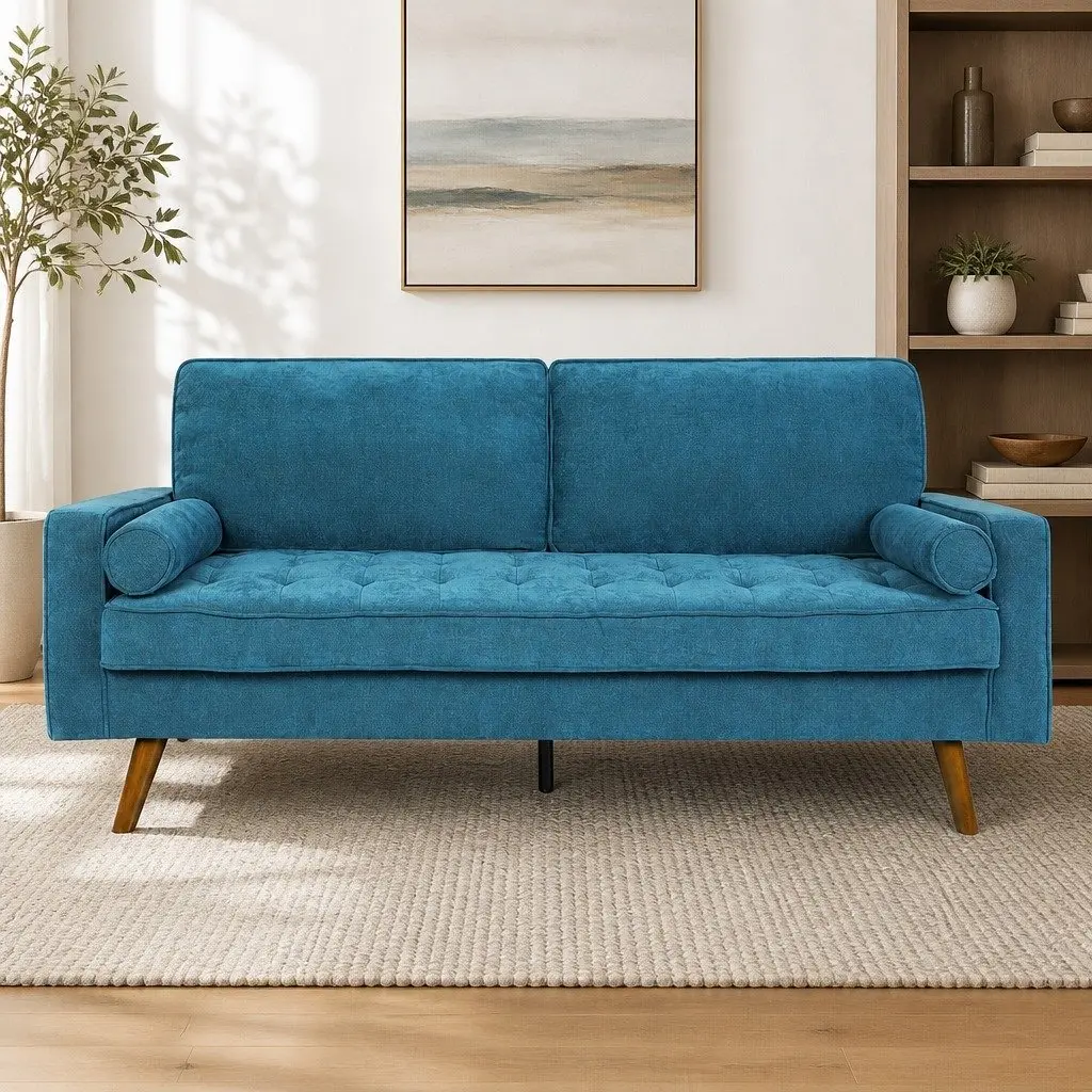 3 Seater Sofa Blue Linen Style 191cm Wide