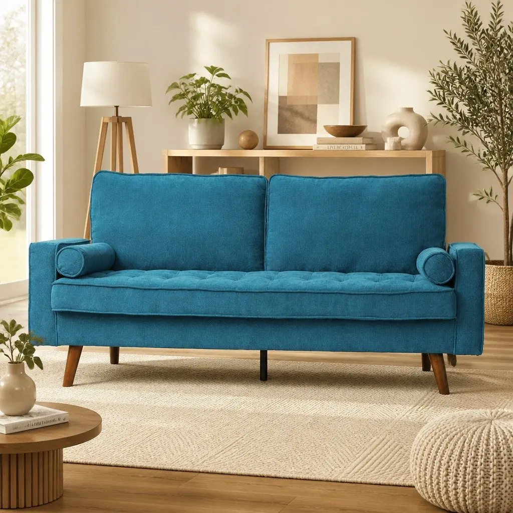 3 Seater Sofa Blue Linen Style 191cm Wide