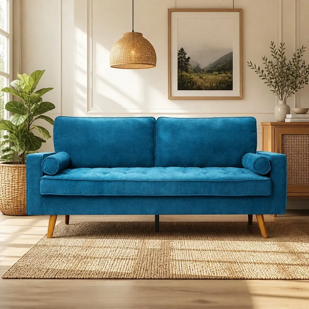 3 Seater Sofa Blue Linen Style 191cm Wide