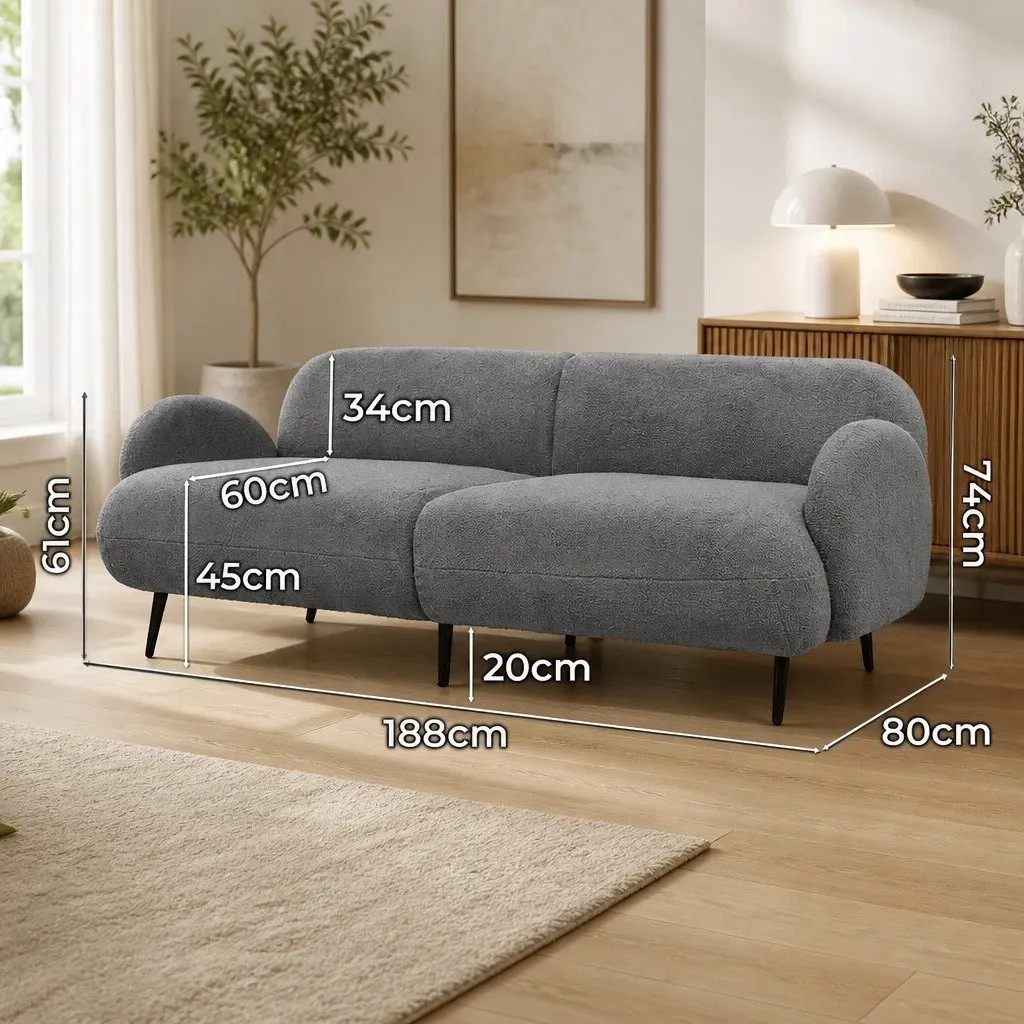 3 Seater Sofa Sherpa Fleece Modern Living Room Furniture Grey