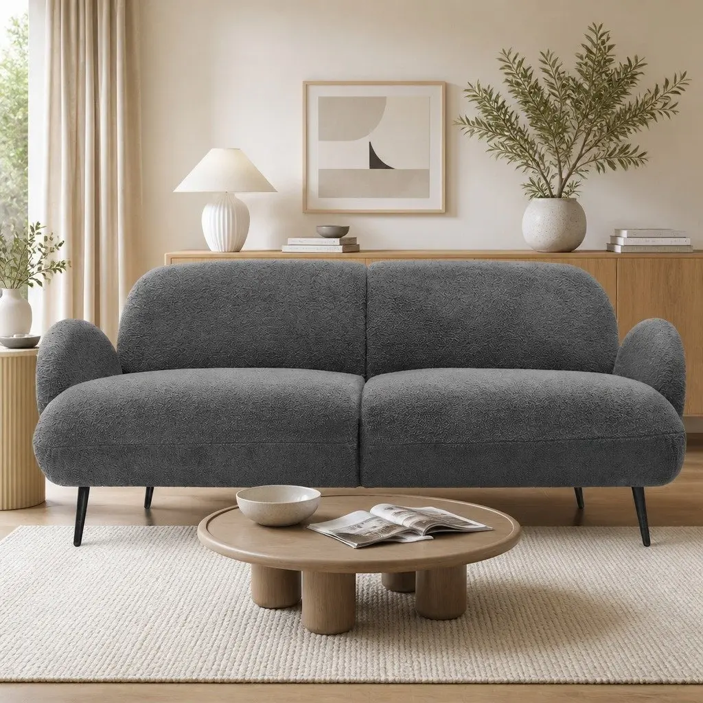 3 Seater Sofa Sherpa Fleece Modern Living Room Furniture Grey