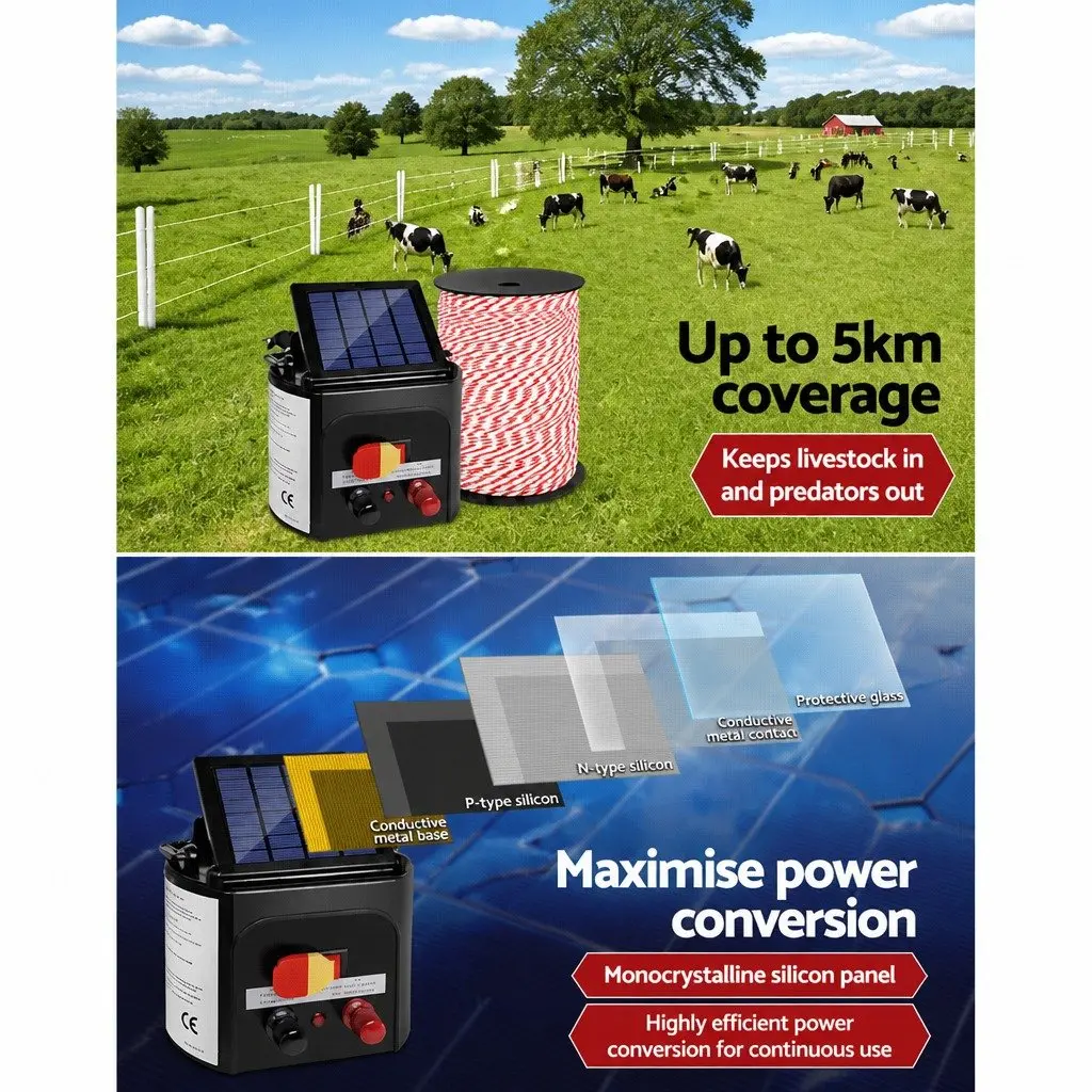 Solar Electric Fence Energiser 0.15J 5KM with 500m Polytape for Livestock Farm Fencing System