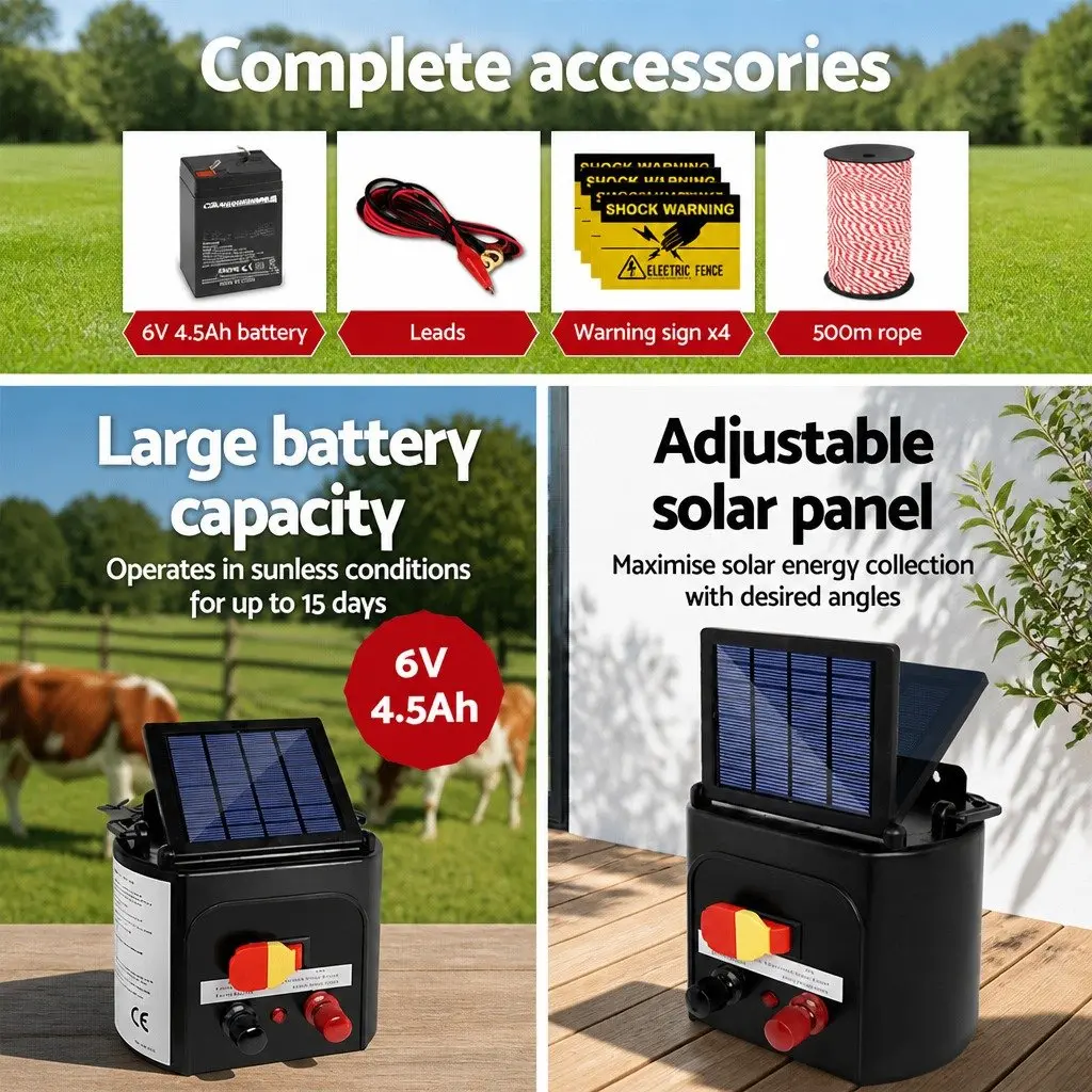 Solar Electric Fence Energiser 0.15J 5KM with 500m Polytape for Livestock Farm Fencing System