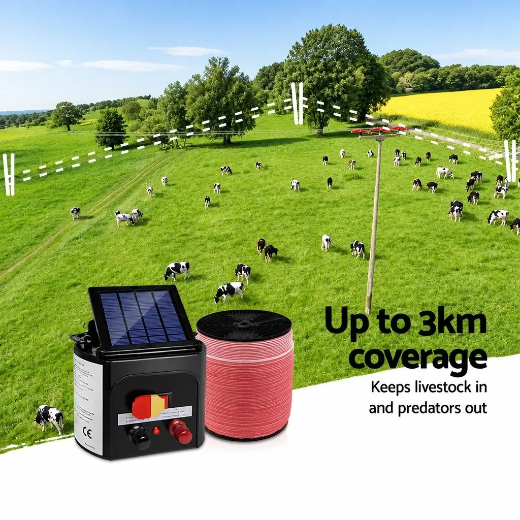 Solar Electric Fence Energiser 3KM Livestock Farm Fencing 1200M Poly Tape Kit
