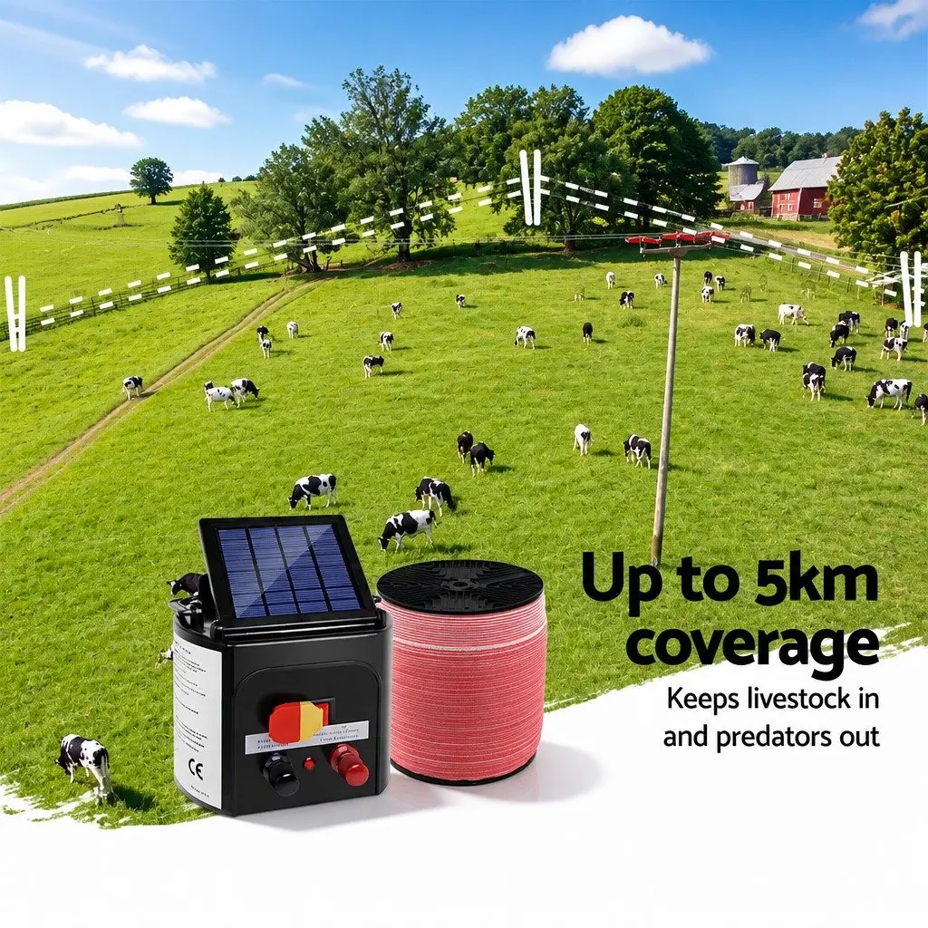 Solar Electric Fence Energiser 5KM Compact Low Maintenance with 2000M Poly Tape