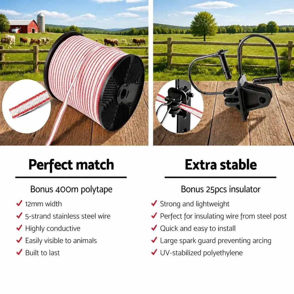 Solar Electric Fence Energiser 3KM Compact Lightweight Waterproof with Polytape