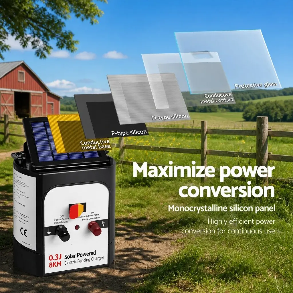 Solar Electric Fence Energiser 8km Charger 0.3J Livestock Farm Fencing Unit