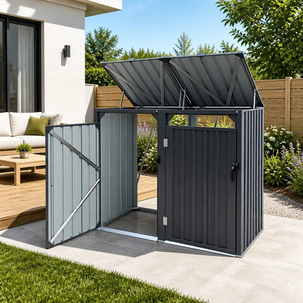 Double Wheelie Bin Storage Shed Steel Garden Waste Enclosure Lockable Doors