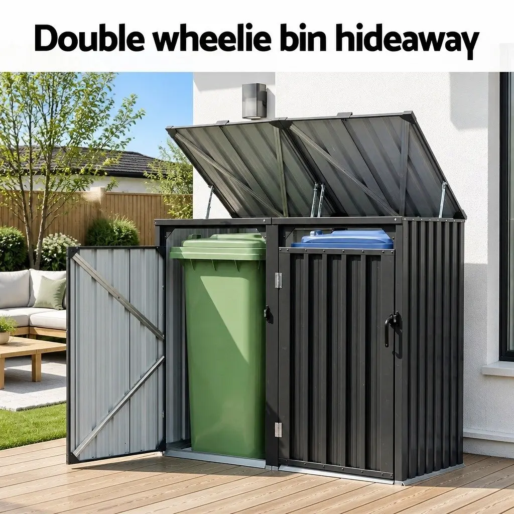 Double Wheelie Bin Storage Shed Steel Garden Waste Enclosure Lockable Doors
