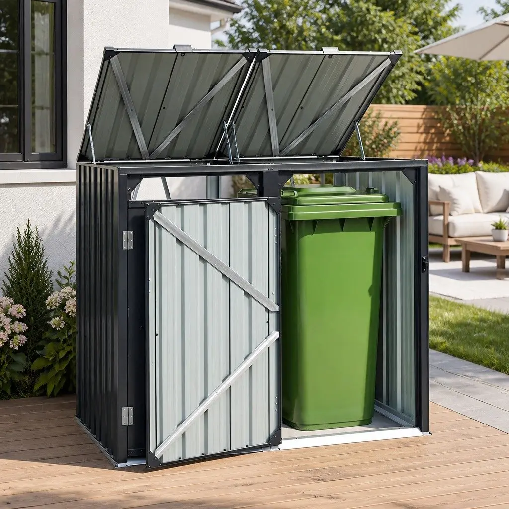 Double Wheelie Bin Storage Shed Steel Garden Waste Enclosure Lockable Doors