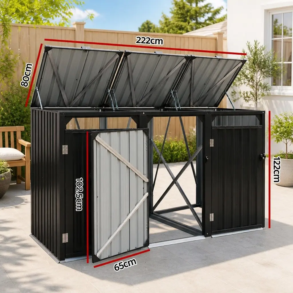 Triple Bin Shed Galvanized Steel Lockable Doors 222cm x 80cm x 122cm