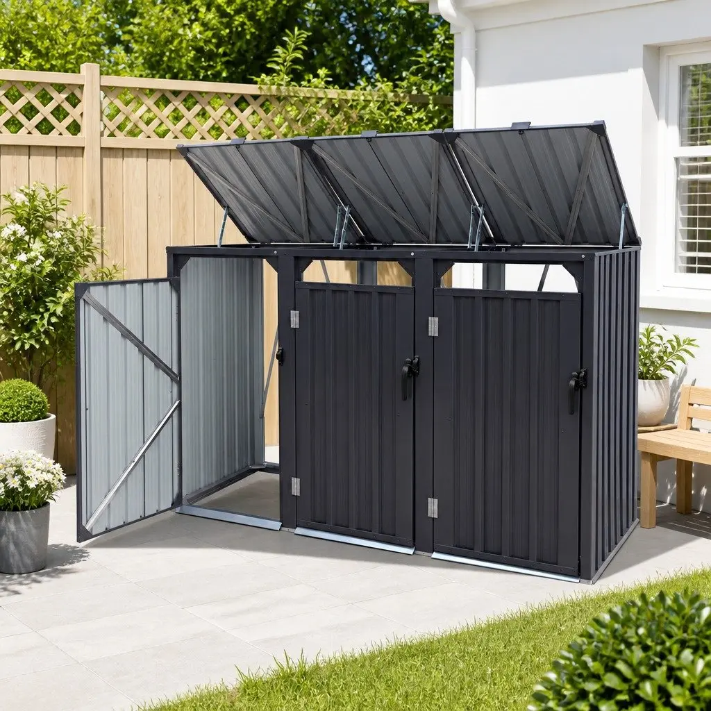 Triple Bin Shed Galvanized Steel Lockable Doors 222cm x 80cm x 122cm