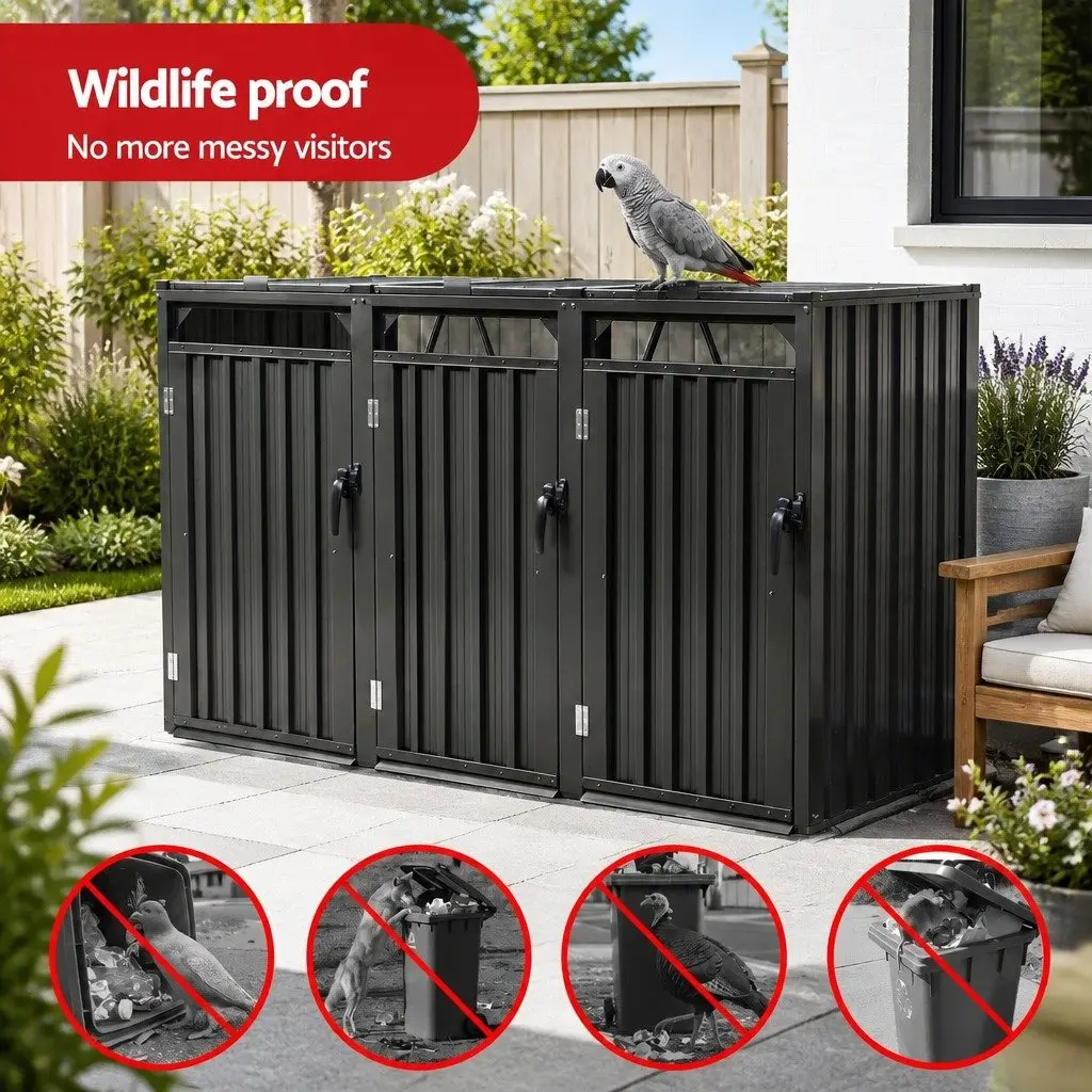 Triple Bin Shed Galvanized Steel Lockable Doors 222cm x 80cm x 122cm