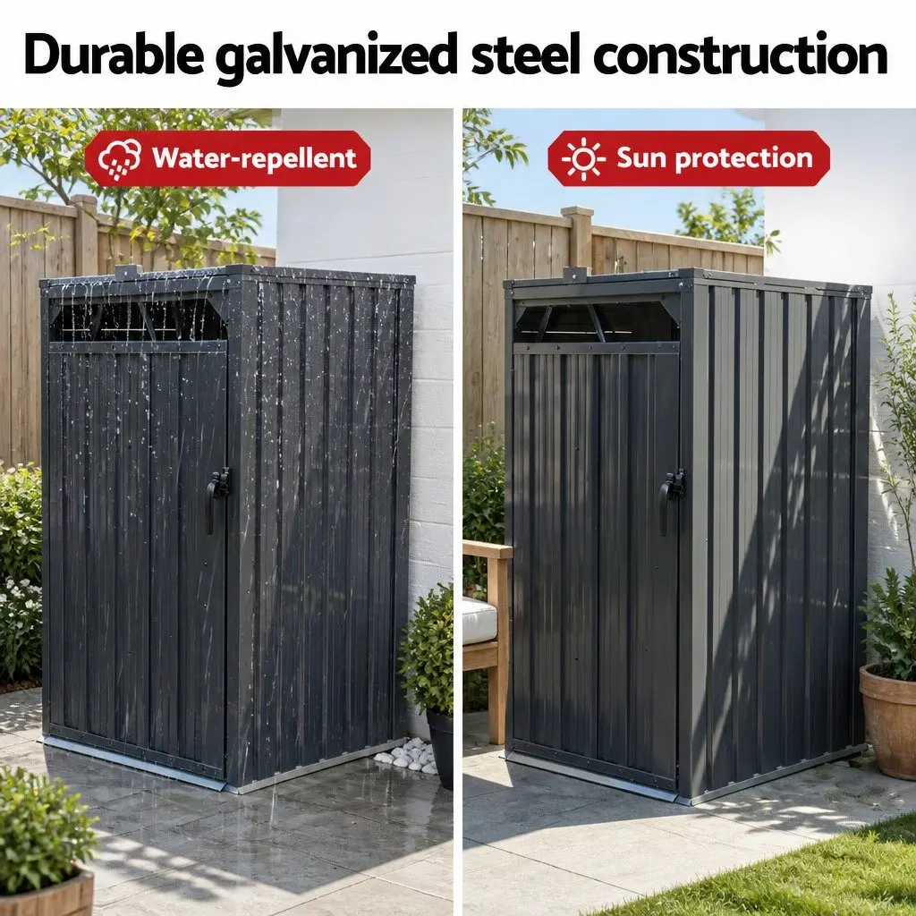 Triple Bin Shed Galvanized Steel Lockable Doors 222cm x 80cm x 122cm