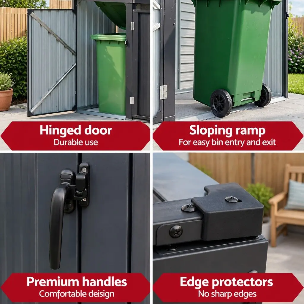 Triple Bin Shed Galvanized Steel Lockable Doors 222cm x 80cm x 122cm