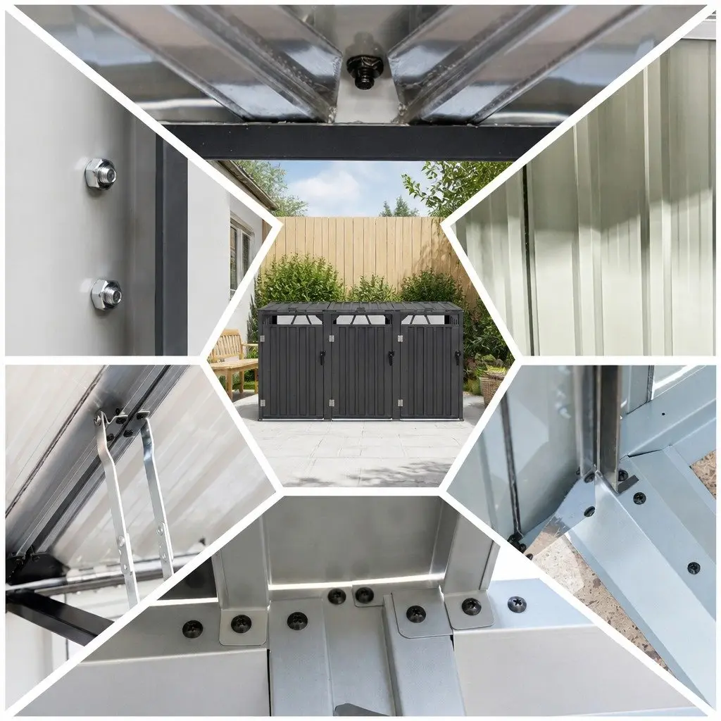 Triple Bin Shed Galvanized Steel Lockable Doors 222cm x 80cm x 122cm