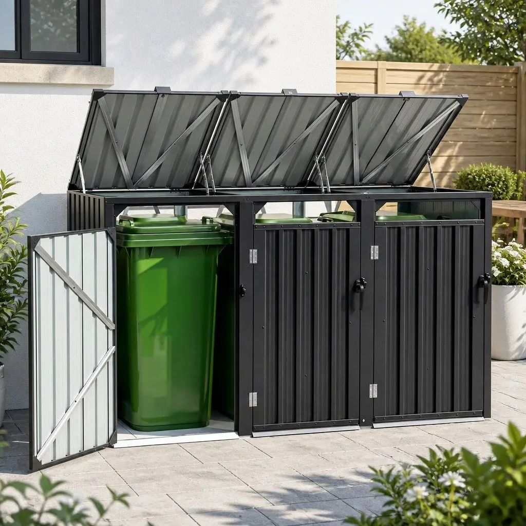 Triple Bin Shed Galvanized Steel Lockable Doors 222cm x 80cm x 122cm