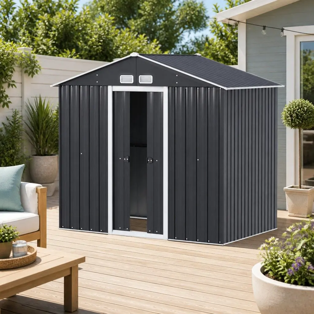 Garden Shed Outdoor Storage Galvanized Steel and Polypropylene 2.15x1.3M with Double Sliding Doors