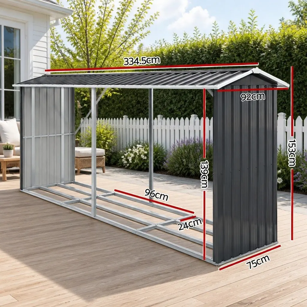 Firewood Storage Shed 334.5CM Outdoor Log Rack Metal Wood Holder Galvanised