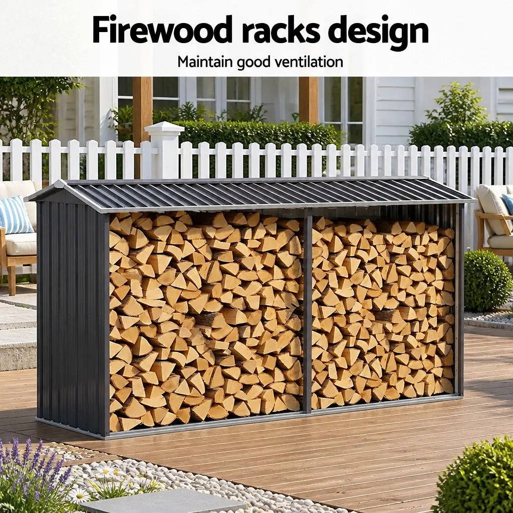 Firewood Storage Shed 334.5CM Outdoor Log Rack Metal Wood Holder Galvanised