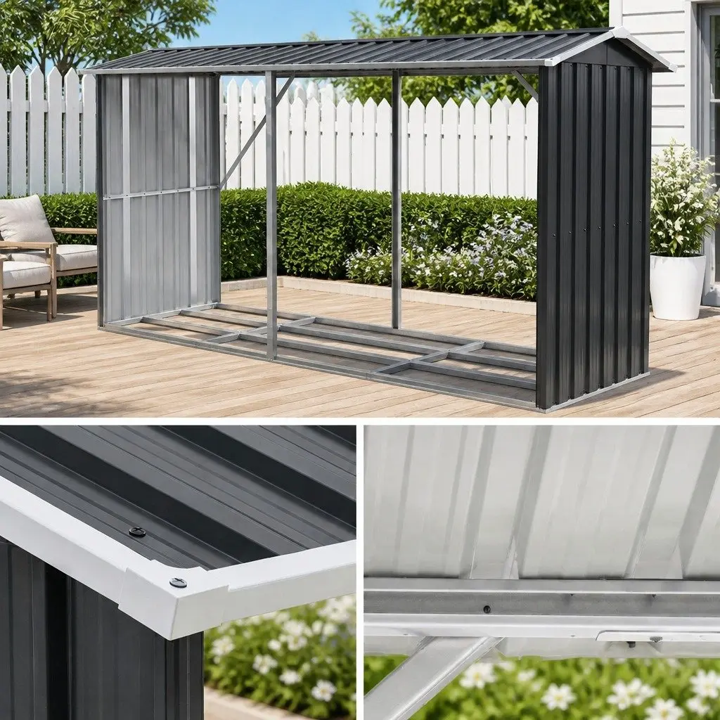 Firewood Storage Shed 334.5CM Outdoor Log Rack Metal Wood Holder Galvanised