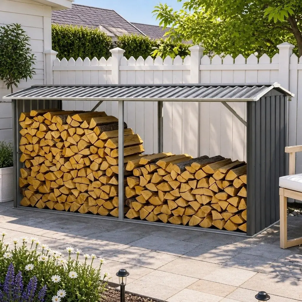 Firewood Storage Shed 334.5CM Outdoor Log Rack Metal Wood Holder Galvanised