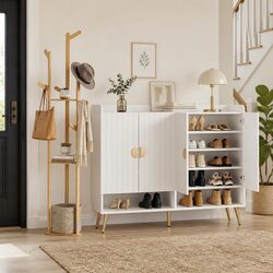 Shoe Rack Cabinet Clothes Rack Set Storage Shelf Entryway Organizer White Pine