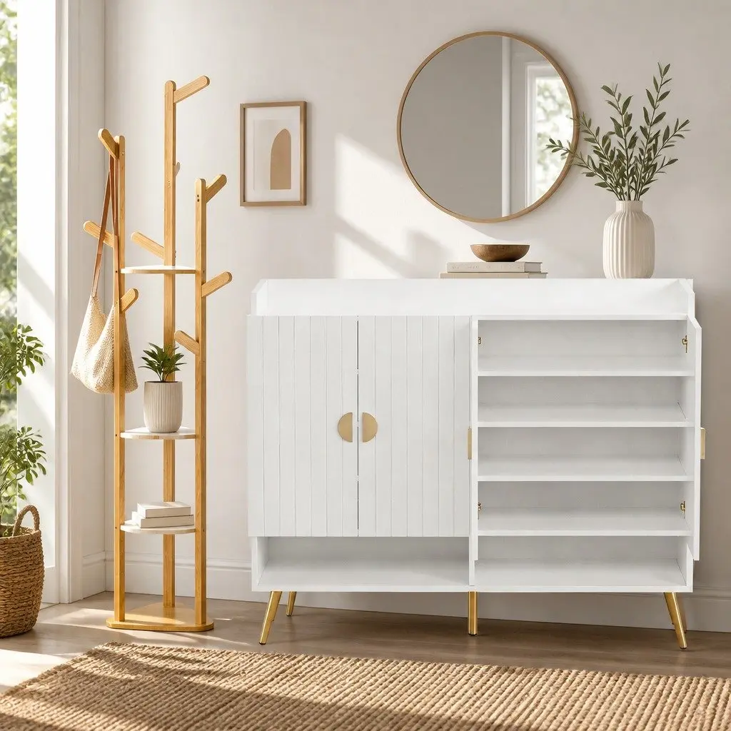 Shoe Rack Cabinet Clothes Rack Set Storage Shelf Entryway Organizer White Pine