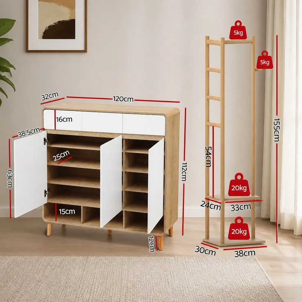 Shoe Storage Cabinet Bamboo Clothes Rack Set 2 Piece White Pine